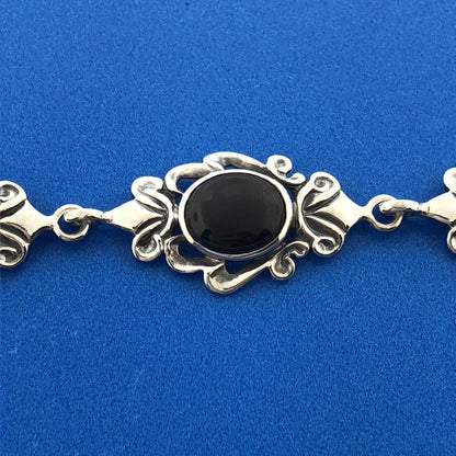 Estate Designer Sterling Silver 925 Black Onyx Scroll Panel Link Bracelet