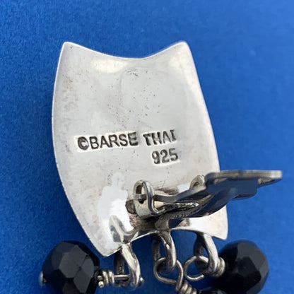 Designer Barse 925 Sterling Silver Black Onyx Cabochon Beaded Clip-On Earrings