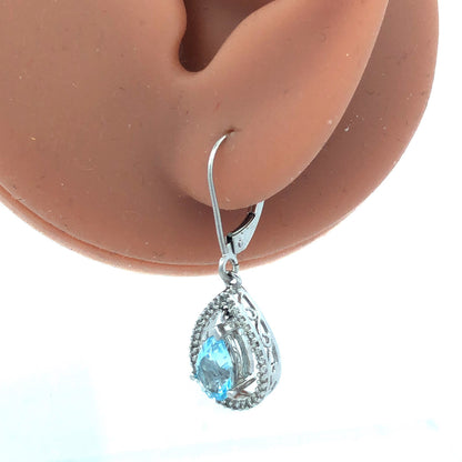 14k White Gold Pear Blue Topaz with Pave Diamond Halo Drop Dangle Earrings