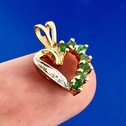Vintage 14K Yellow White Gold Emerald Diamond Heart Sweetheart Birthday Pendant