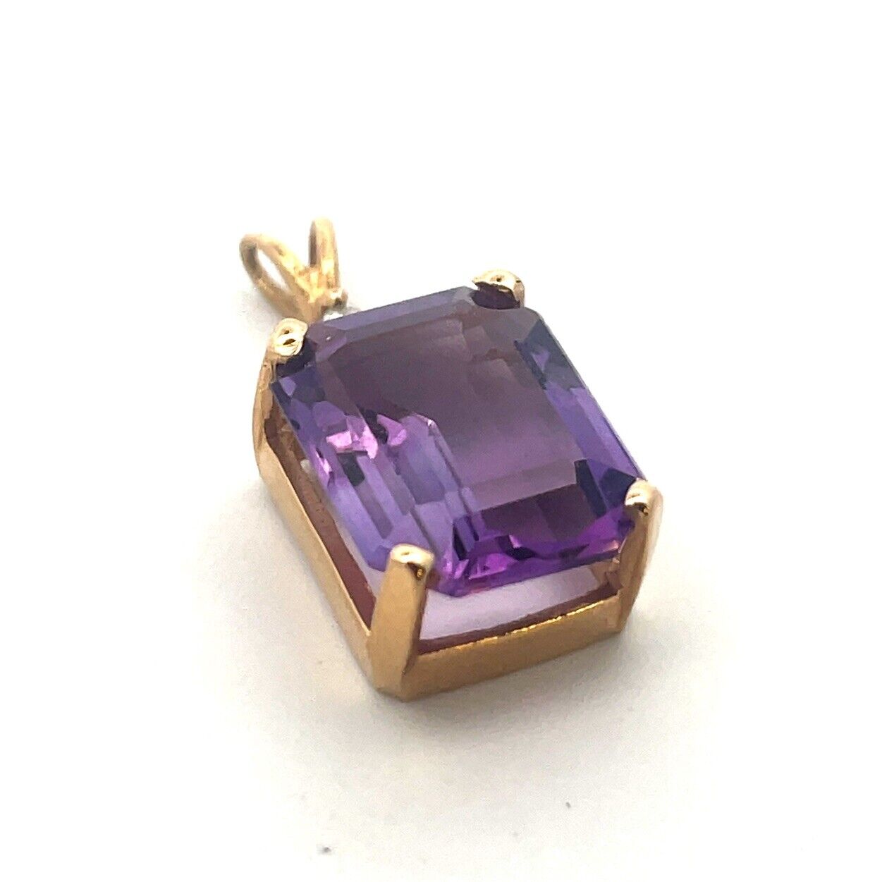 Vintage Designer 14K Yellow Gold Emerald Cut Amethyst Diamond Accent Pendant