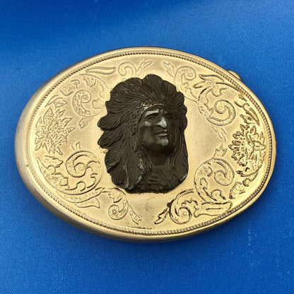 Vintage Brass Bronze Two Tone Scroll 3 Dimensional Indian Head Oval Belt Buckle