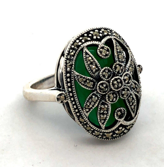 Vintage Creations 925 Sterling Silver Green Tourmaline Marcasite Cocktail Ring