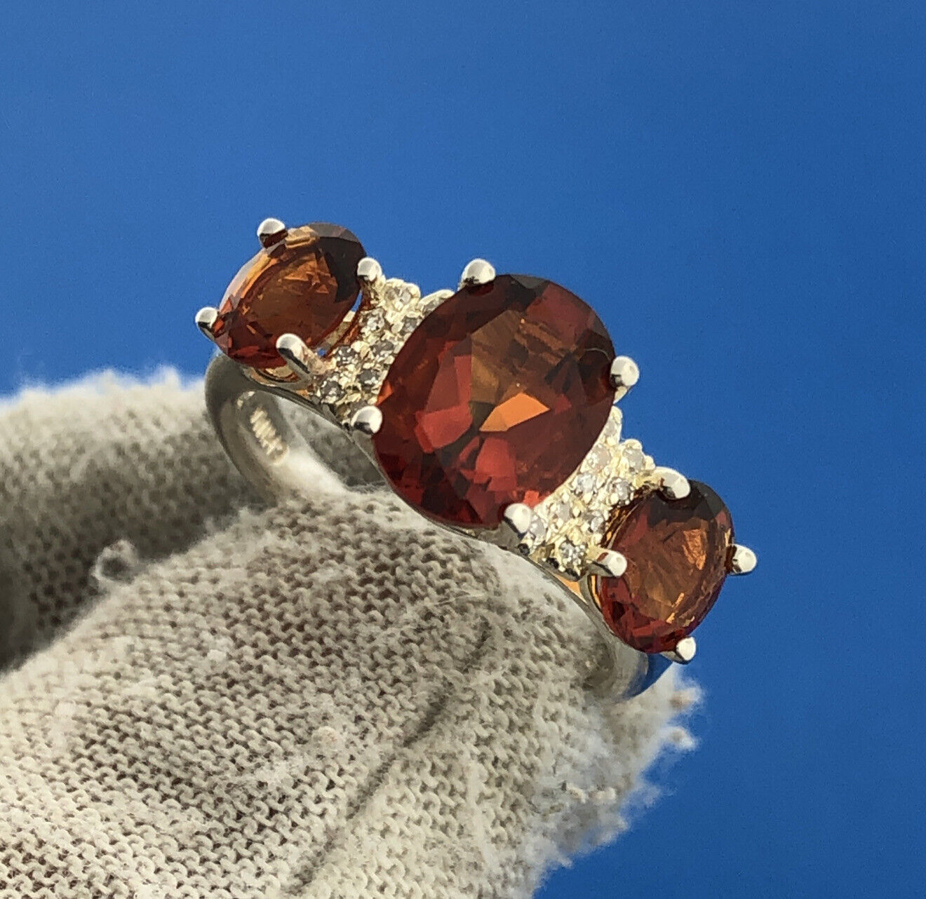 Designer Sterling Silver 925 Orange Citrine Quartz Oval Trio Cocktail Ring