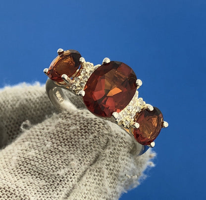Designer Sterling Silver 925 Orange Citrine Quartz Oval Trio Cocktail Ring