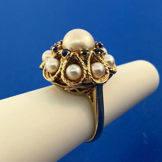 Vintage 14K Yellow Gold Pearl Sapphire Princess Style Cocktail Ring