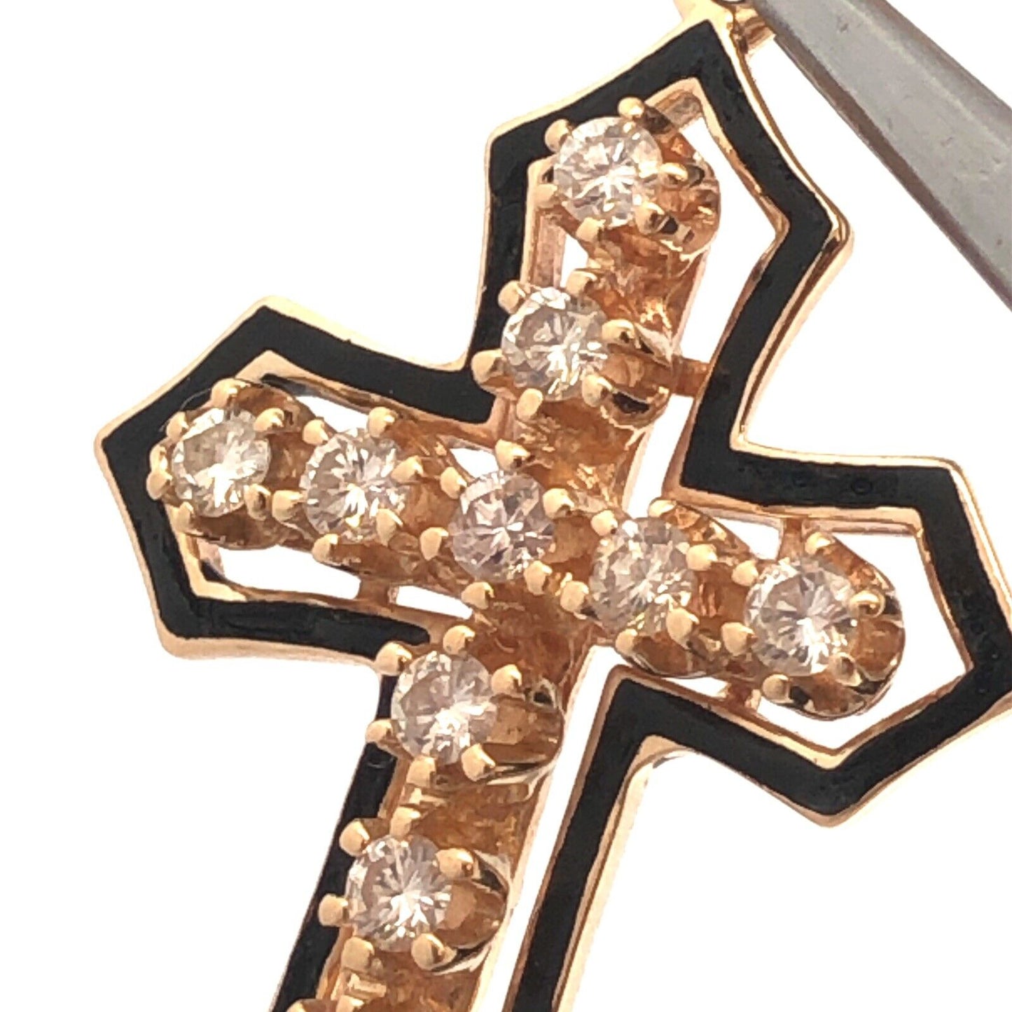 Estate 14K Yellow Gold Round Diamond Black Enamel Statement Cross Pendant