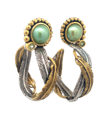 Designer Dream 925 Sterling Silver Bronze Peridot Feather Hoop Earrings