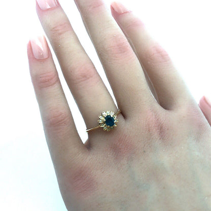 Vintage 14K Yellow Gold Sapphire Diamond Halo Promise December Cocktail Ring