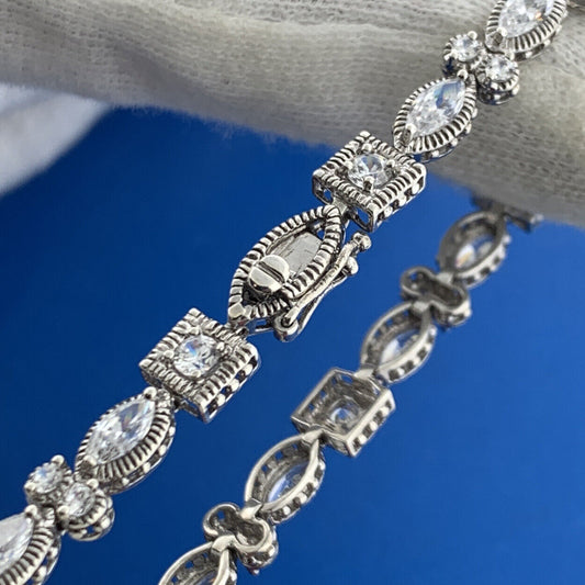 Designer 925 Sterling Silver Round & Marquise Cubic Zirconia CZ Tennis Bracelet