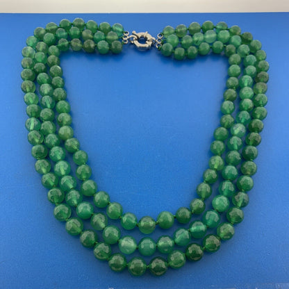 Vintage Silver Tone Green Faceted Tourmaline Bead 3 Strand Statement Necklace