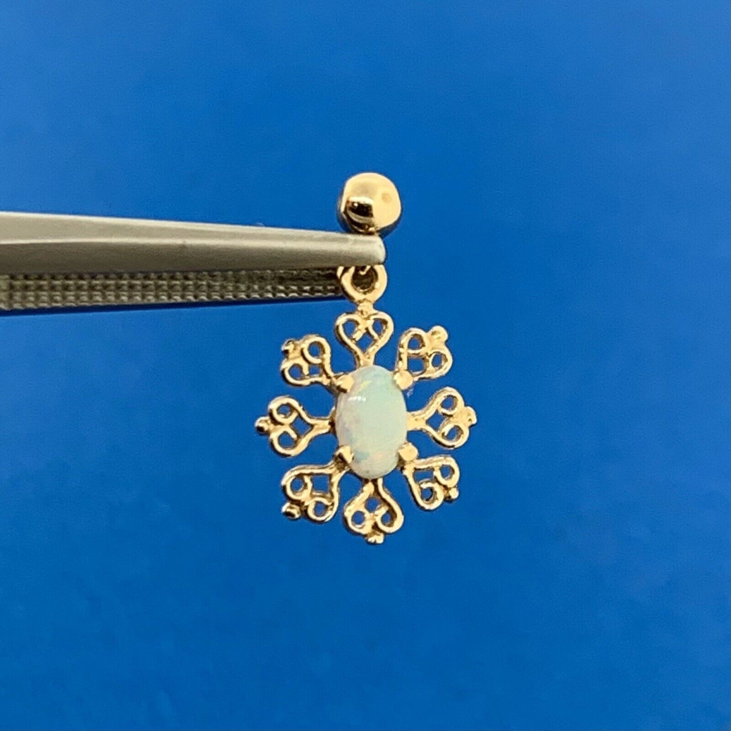 Designer 14K Yellow Gold Oval Opal Filigree Snowflake Dangle Stud Earrings