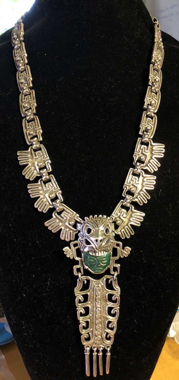 Vintage Taxco Mexico 925 Sterling Silver Malachite Aztec Bird Statement Necklace