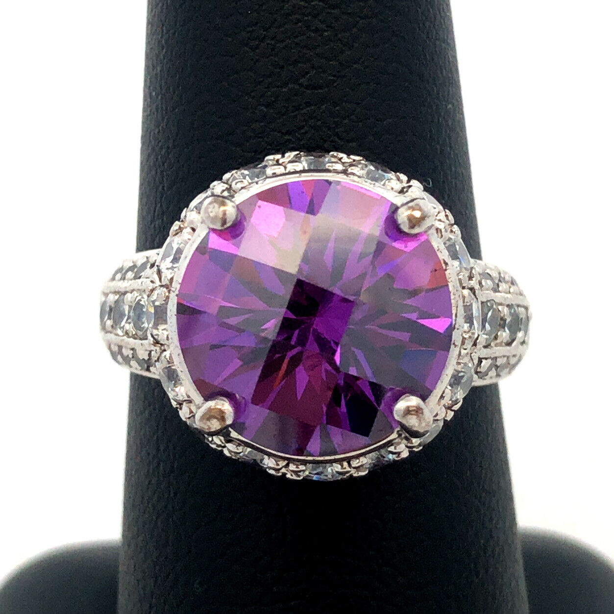 Designer 925 Sterling Silver Round Cushion Amethyst CZ Accents Cocktail Ring