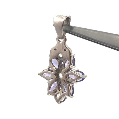 TGGC 925 Sterling Silver Oval Tanzanite Blue Tourmaline Diamond Flower Pendant