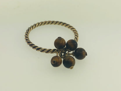 Vintage Sterling Silver 925 Brown Tigers Eye Bead Ball Dangle Cocktail Ring