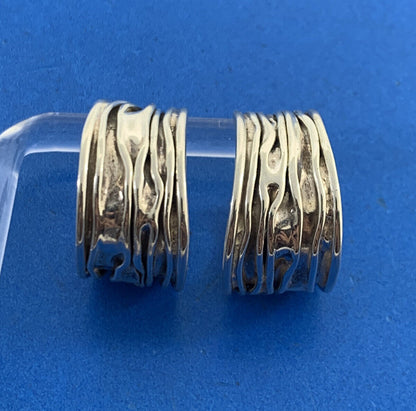 Sterling Silver 925 Wide Ribbon Textured Open Hoop Stud Earrings