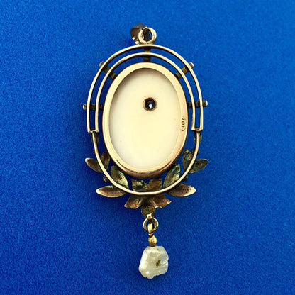 Victorian 10K Rose/Yellow Gold Pink Cameo Pearl Diamond Lavaliere Brooch Pendant