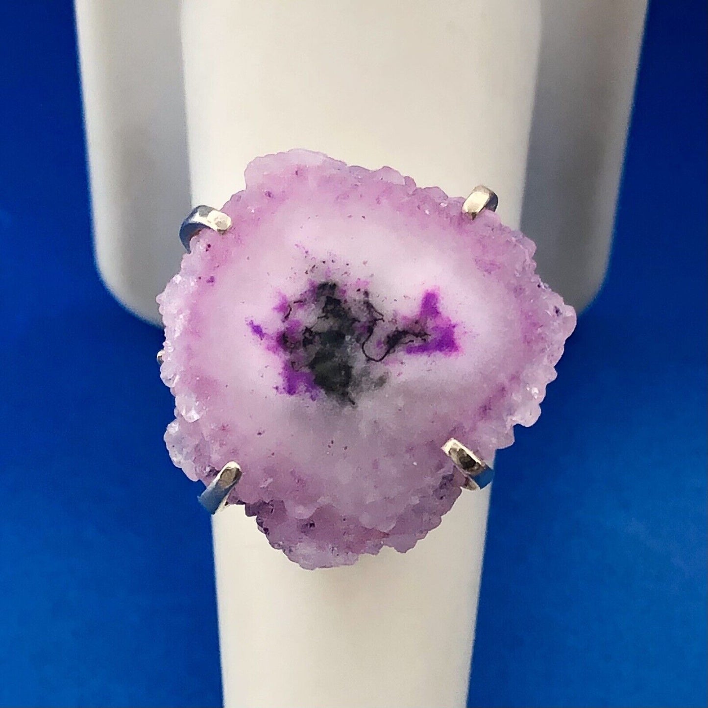 Retro 925 Sterling Silver Purple Fuschia Pink White Druzy Quartz Statement Ring