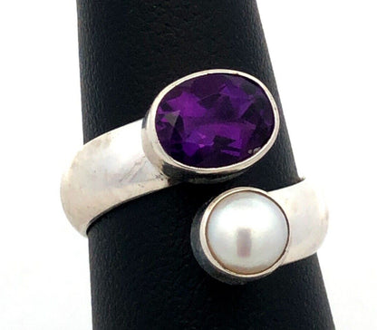 Designer LD 925 Sterling Silver Oval Purple Amethyst Pearl Bypass Ring