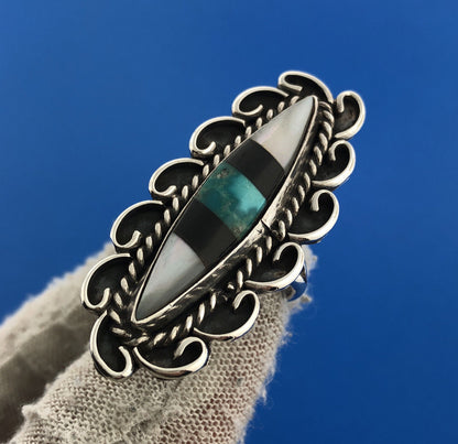 Vintage Native American 925 Sterling Silver Turquoise Inlay Statement Ring