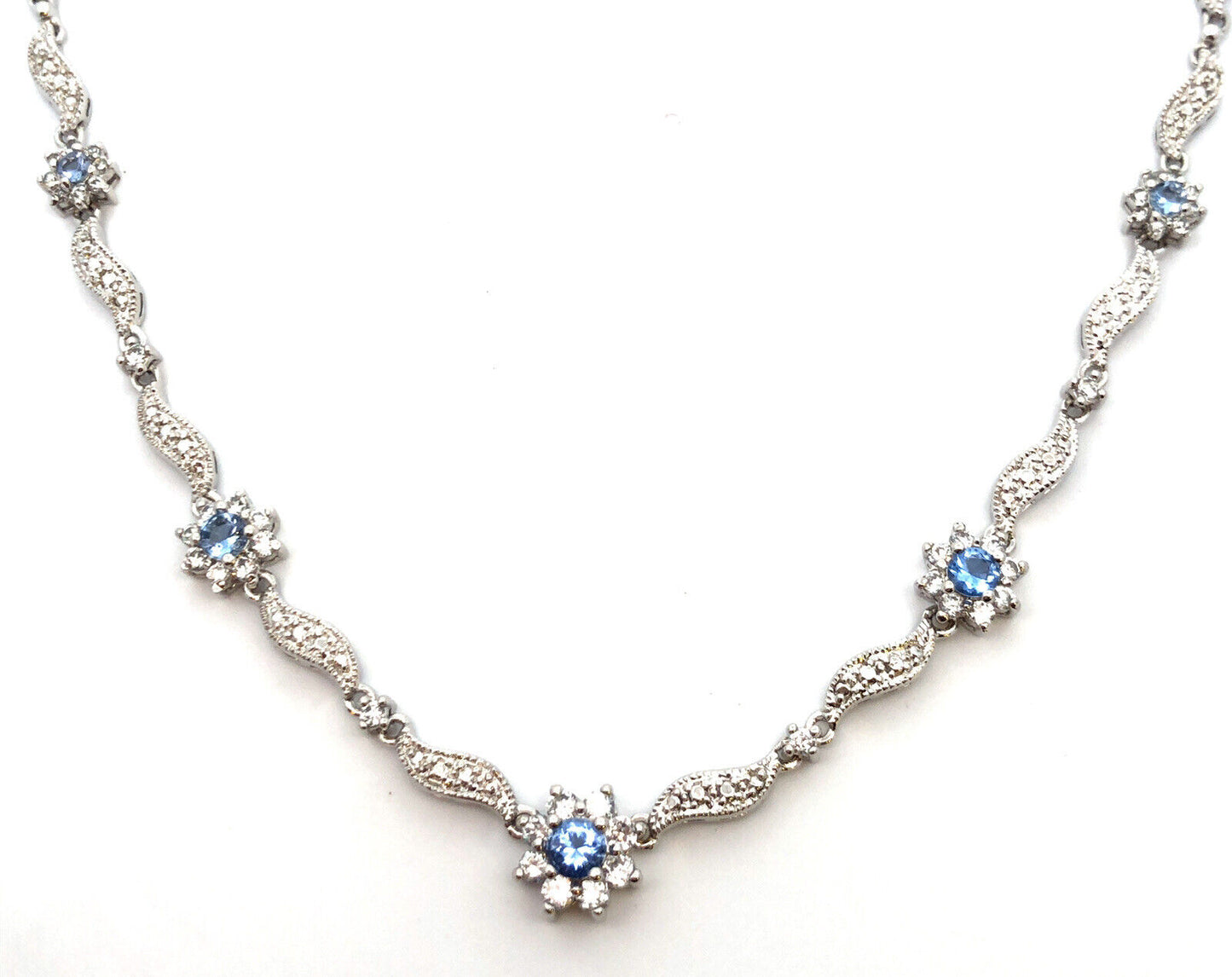 Blue and White Cubic Zirconia 925 Sterling Silver Flower Stations Necklace