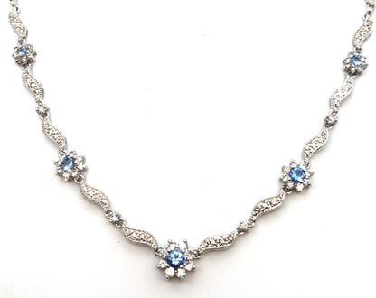 Blue and White Cubic Zirconia 925 Sterling Silver Flower Stations Necklace