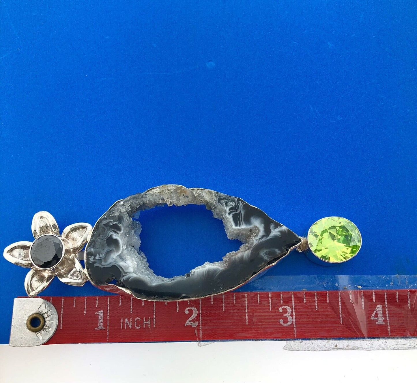 Stunning Sterling Silver 925 Druzy Quartz Black Chartreuse CZ Statement Pendant