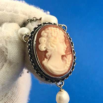 Vintage Italian Designer 925 Sterling Silver Cameo Pearl Station Necklace