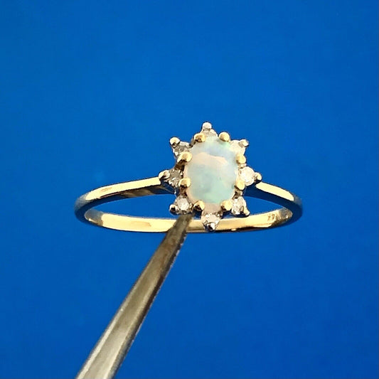 Vintage 14K Yellow Gold Oval Opal Cabochon Diamond Halo October Anniversary Ring