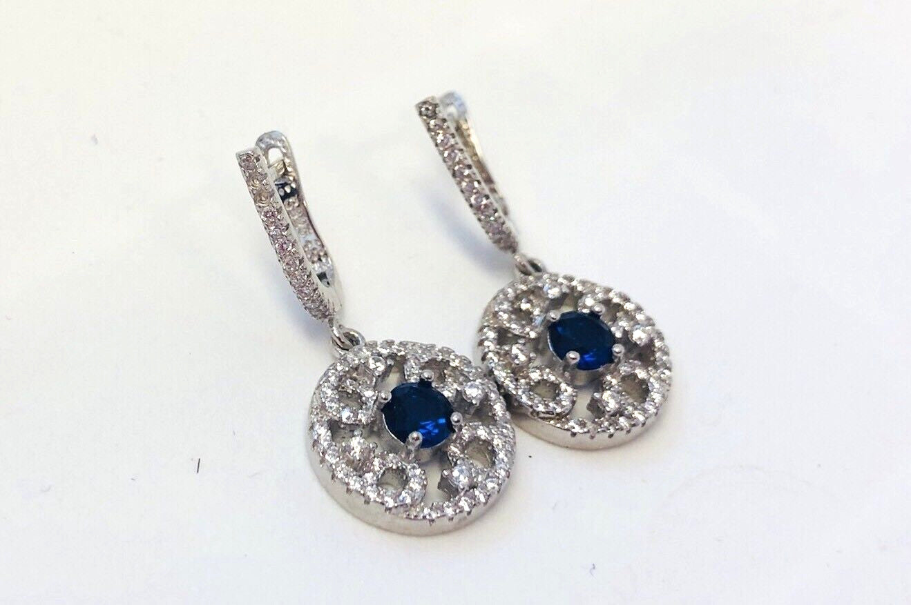 Elegant Sam & Co Sterling Silver 925 Blue Sapphire Diamond Drop Dangle Earrings