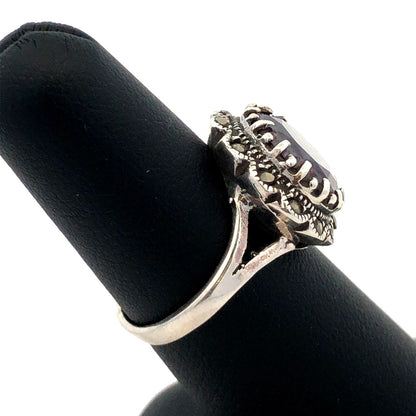 Vintage F 925 Sterling Silver Round Amethyst Marcasite Flower Cocktail Ring