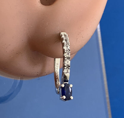 Designer 925 Sterling Silver Sapphire White Topaz Accented Huggie Hoop Earrings