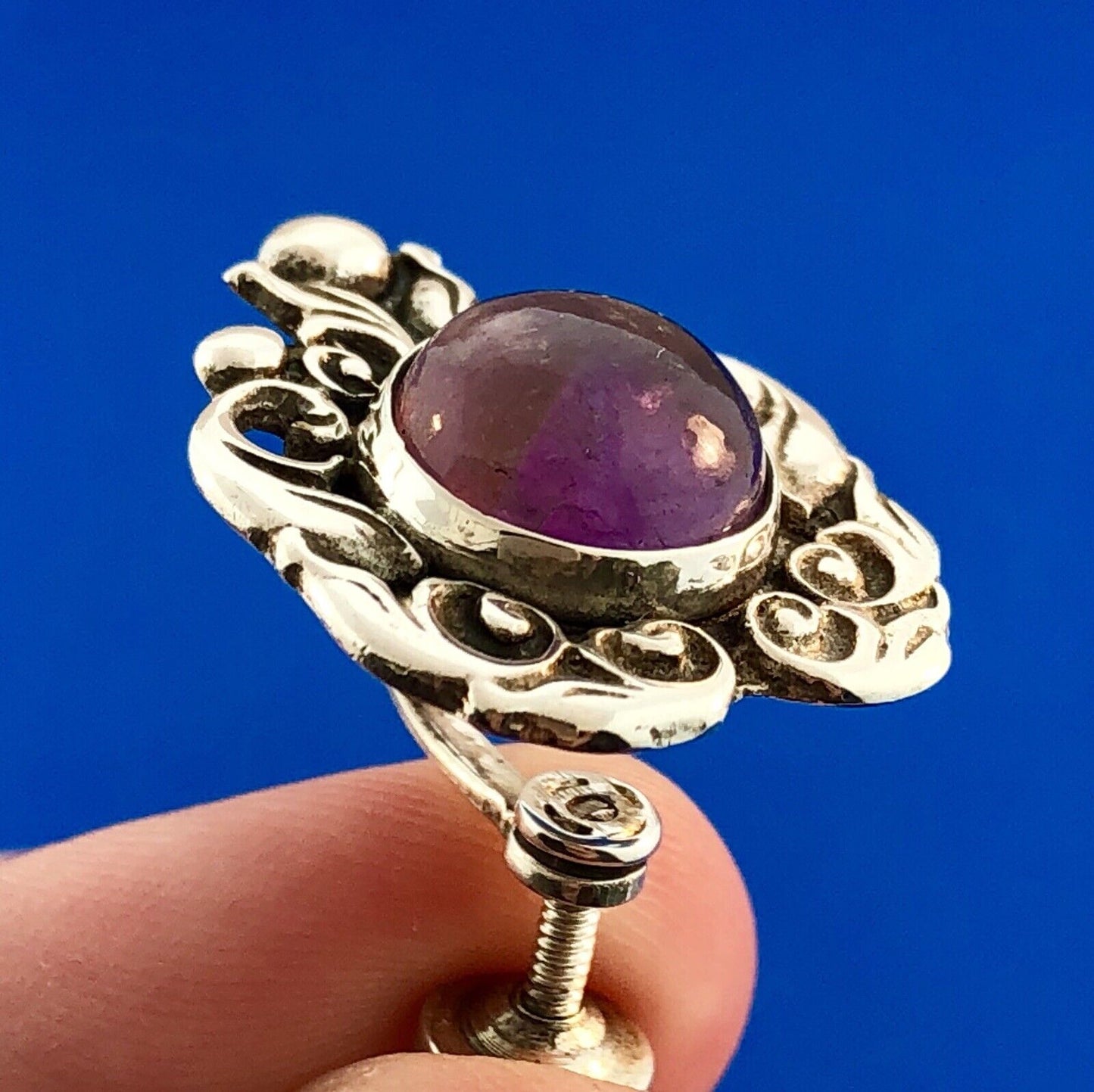 Taxco Ca 1940's ProSa Sterling Silver 925 Amethyst Ornate Screw Back Earrings