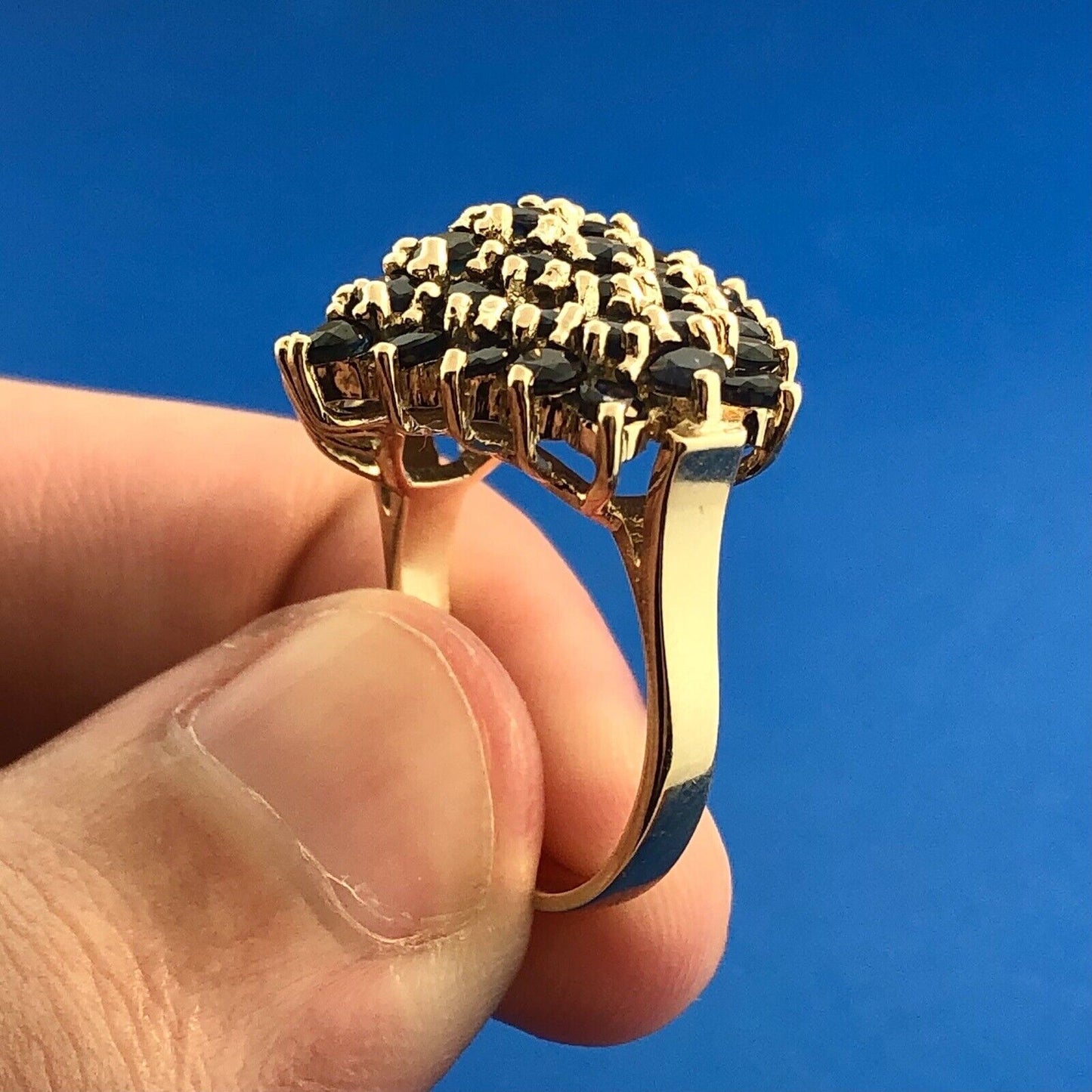 Modernist 10K Yellow Gold Sapphire Cluster September Anniversary Dome Ring