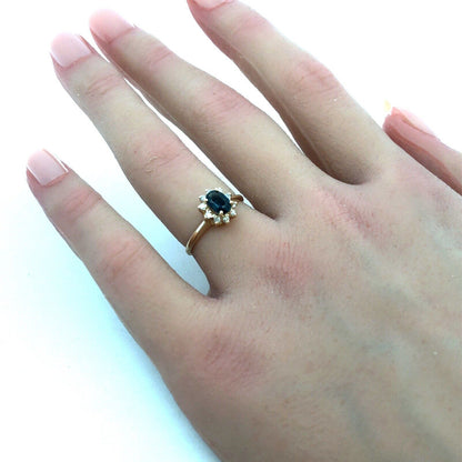 Estate 14K Yellow Gold London Blue Topaz Diamond Halo Cocktail Anniversary Ring