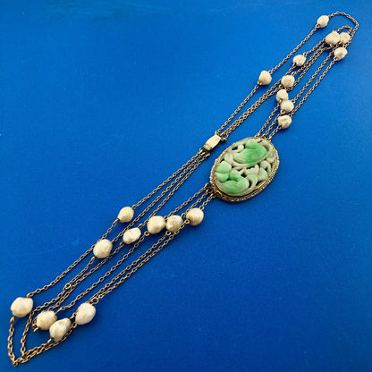 14k Yellow Gold Carved Jade White Pearl 18" 3 Strand Swimming Duck Necklace