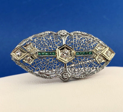 Art Deco 14K White Gold Diamond Emerald Floral Filigree Bar Pin Brooch Pendant