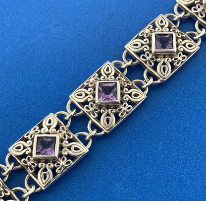 Designer Sterling Silver Square Amethyst Open Scroll Statement Tennis Bracelet