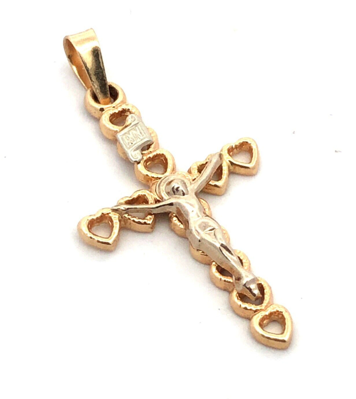 Designer 14K Yellow White Gold Two Tone Heart Cross Crucifix Pendant