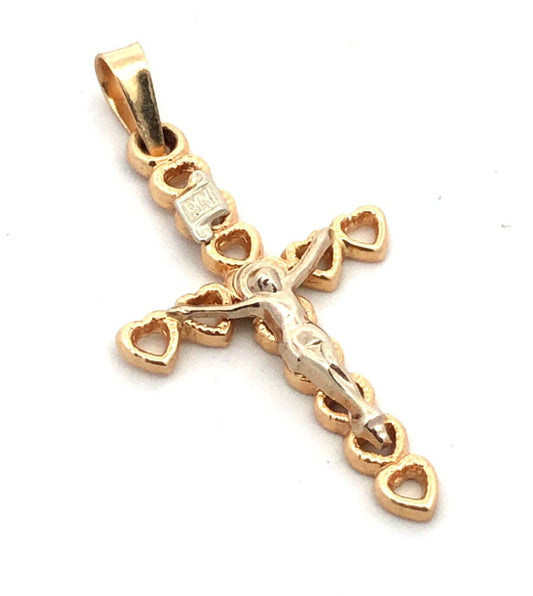 Designer 14K Yellow White Gold Two Tone Heart Cross Crucifix Pendant