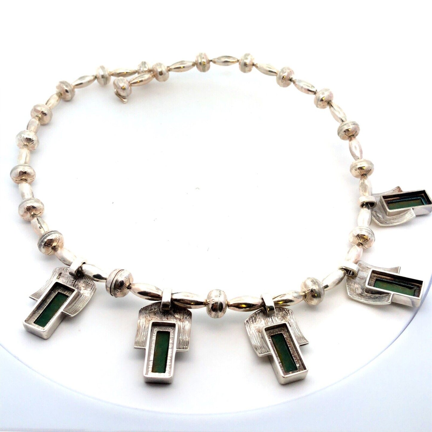 Designer Sterling Silver Chrysoprase Panel Modernist Statement Collar Necklace