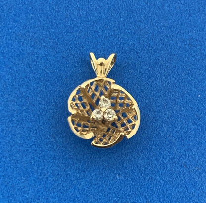Vintage 14K Yellow Gold Diamond Open Work Basket Weave Flower Petite Pendant