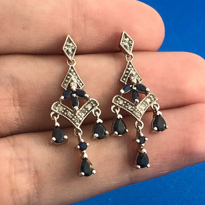 Fabulous 14K White Gold Sapphire Diamond Accented Chandelier Dangle Earrings