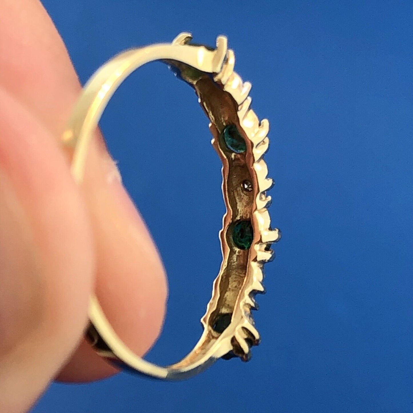 Retro 10K Yellow White Gold Emerald Diamond Stackable Anniversary Band Ring