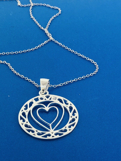 Sterling Silver 925 Heart Cutout Love Filigree Sweetheart Disc Pendant Necklace
