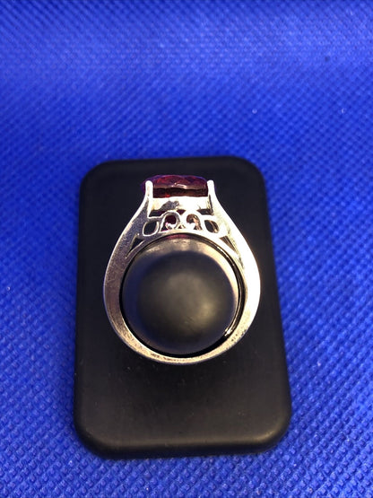 Designer BBJ 925 Sterling Silver Ruby Solitaire White Topaz Accent Cocktail Ring