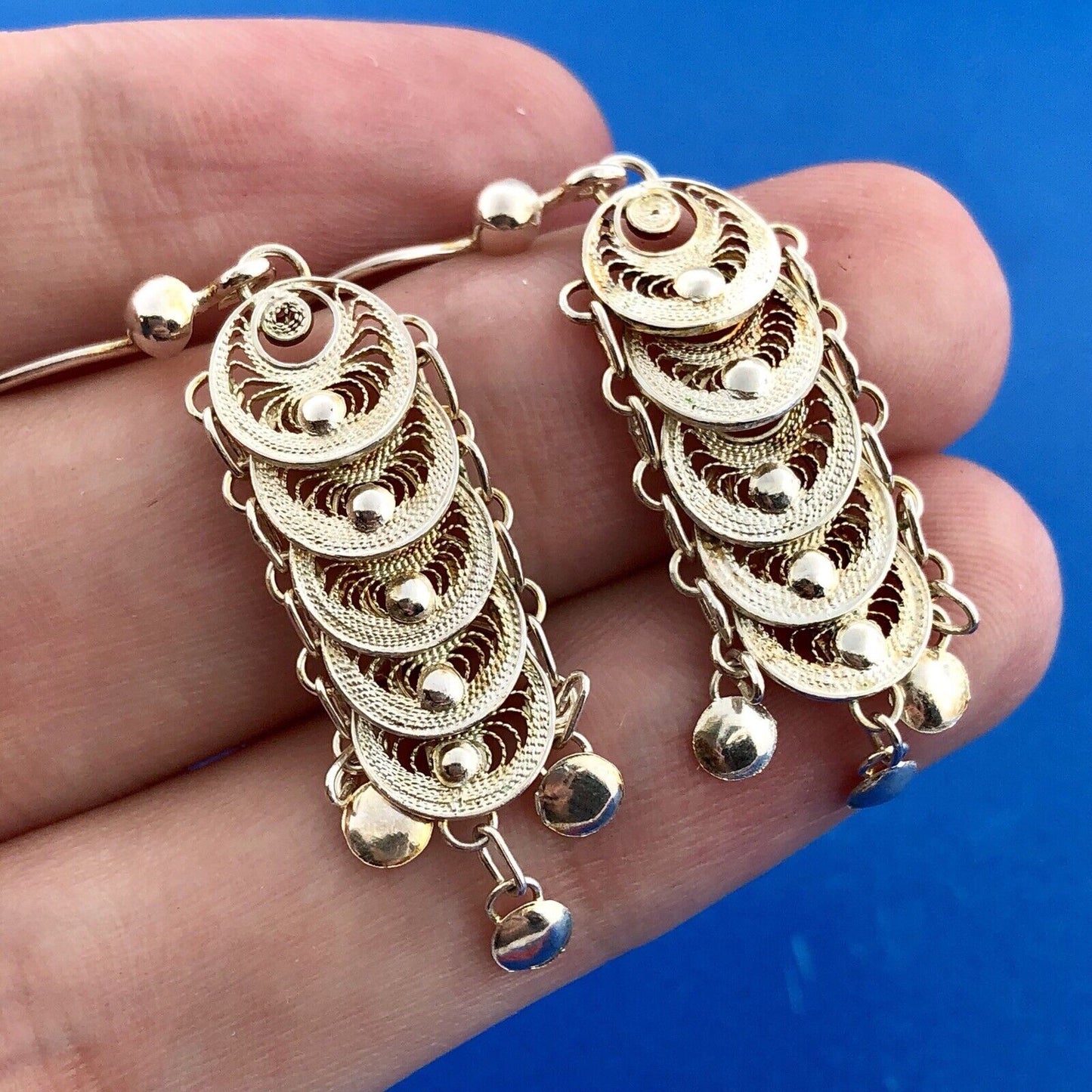Milor Italy Sterling Silver Filigree Bead Centipede Link Drop Dangle Earrings