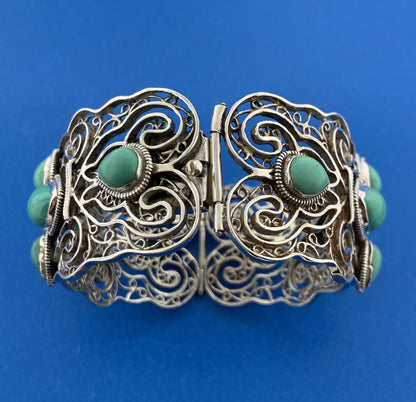 Designer Sterling Silver Turquoise Open Filigree Statement Hinged Cuff Bracelet