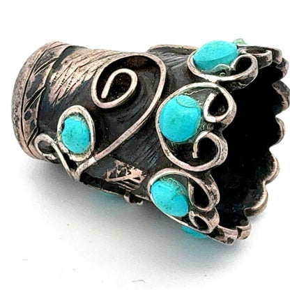 Vintage Taxco Mexico 925 Sterling Silver Turquoise Vines Scroll Thimble